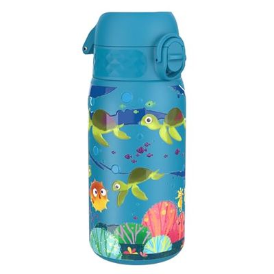 ION8 Lichtgewicht Stalen Kinderwaterfles, 400 ml/13 oz, Zonder Isolatie, Lekvrij, Makkelijk te Openen, Veilige Vergrendeling, Vaatwasserbestendig, Flipdop, Draaggreep, Duurzaam, Zeeschildpad