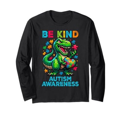 Autism Awareness Month Love Puzzle Dinosaur Be Kind Maglia a Manica