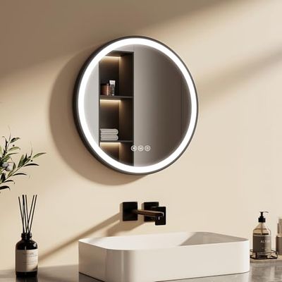 EMKE Miroir de Salle de Bain Rond 50 cm, Miroir Rond avec Interrupteur Tactile et Fonction Anti-buée, 3 Couleurs de lumière, Miroir Rond Salle de Bain Cadre Noir et bandoulière réglable