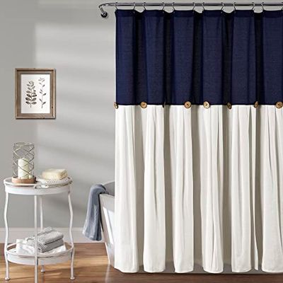 Lush Decor Cortina de Ducha Plisada de Lino con Botones para Granja, diseño de Dos Tonos para baño, 72 x 72 Pulgadas, Azul Marino y Blanco Roto