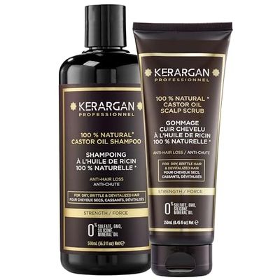Kerargan - Anti-Hair Loss Shampoo and Scalp Scrub Duo with Castor Oil for Dry, Brittle, Lifeless Hair - Purifies, Promotes Growth - Sulfate-Free, Paraben-Free, Silicone-Free - 500ml + 250ml