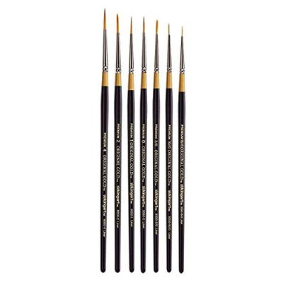 KINGART B-018 Premium 7 pc. Original Gold 9350 Series Liner Brush Set, Synthetic Golden Taklon for Acrylic, Oil, Watercolor Paint, Short Handle, 7 Brushes Sizes: 18/0, 10/0, 2/0, 0, 1, 2, 4