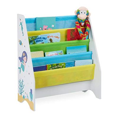 Relaxdays Librería Infantil, 4 Bolsas Tela Colgantes, Diseño Sirenas, Estantería Libros, 71 x 62 x 29 cm, Multicolor