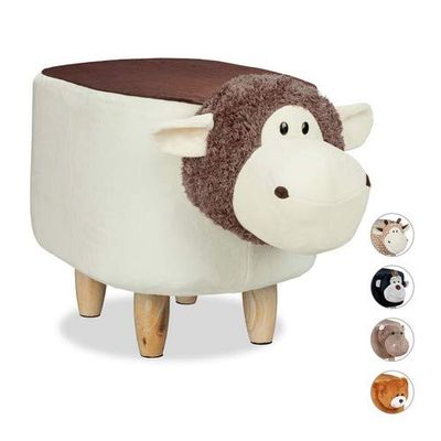 Relaxdays Tabouret Enfant Motifs Animaux Bois, Polyester, Peluche, Mouton, 35 x 32 x 40 cm