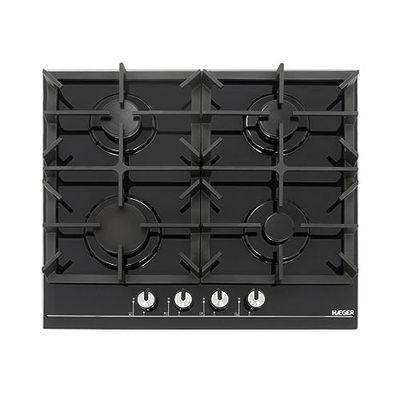 HAEGER Placa de Gas Empotada, 60 cm, 4 Boquillas, Vidrio Negro Templado