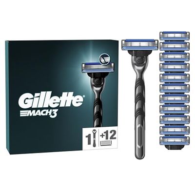 Gillette Mach3 Men's Razor + 12 Razor Blade Refills, 3 Blades for a Smooth Shave, Fits All Mach3 Handles