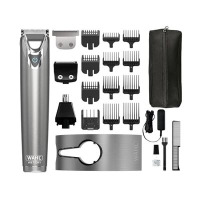WAHL Washable Stainless Steel Multigroomer, recortadora de barba y barba incipiente para hombres, recortadora de nariz y orejas, set de cuidado masculino, totalmente lavable, sin cable