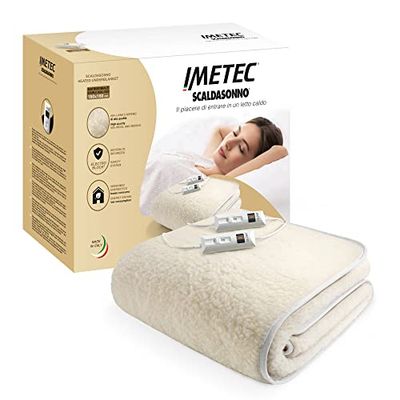 Imetec Scaldasonno elektrische deken eenpersoonsbed 150x160 cm, 50% wol en merino, 2 temperaturen, elektroblok-veiligheidsvoorziening, Made in Italy