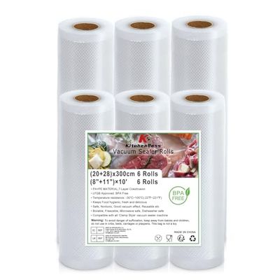 KitchenBoss Vacuum Sealer Bags 6 Rolls 20/28 x 300 cm: Vacuum Film for Vacuum Sealer & Sous Vide, Vacuum Film Rolls BPA-Free, Vacuum Sealer Bag Boil-Proof, Vacuum Bag Food Reusable