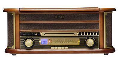 DENVER Electronics MCR-50 Lecteur de disques vinyles Design rétro. Radio FM/AM. Lecteur CD et Cassette. Haut-parleurs 5W. Fonction d'enregistrement. Boîtier en Bois