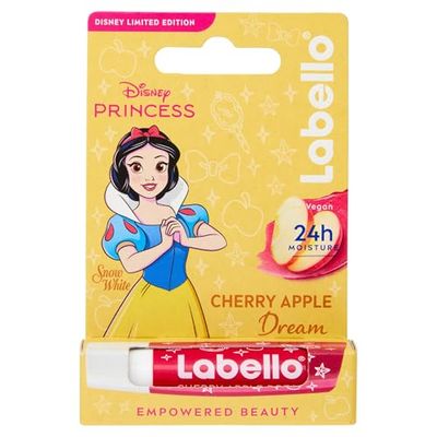 Labello Disney Princess Limited Edition Cherry Shine 4,8 g, färgglad läppbalsam med snövit design, läppbalsam för flicka 3+ fuktgivande 24 timmar, läppbalsam läppbalsam med körsbärssmak