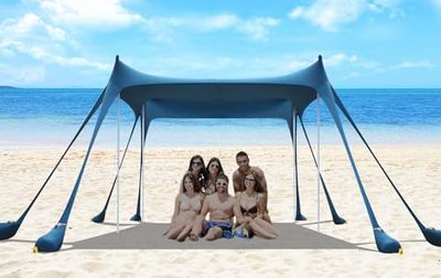 Tenda da spiaggia portatile pop up parasole da spiaggia, 3,9 x 3,9 m, protezione UPF80+, per esterni, 4 pali in alluminio ispessito per cortile, picnic, campeggio e spiaggia (blu navy)