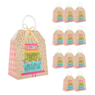 Idena 90241 - Geschenkzakjes Happy Birthday cake, 12 stuks, geschenkzakjes in de maat 19 x 25 x 11,5 cm, papieren zakjes met gouden stippen