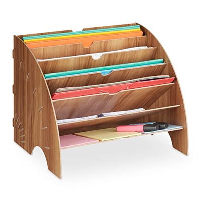 Relaxdays Document Tray, 6 Compartments, DIN A4, HxWxD: 27 x 34 x 27 cm, School, Office Organiser, MDF, Brown, Fibreboard