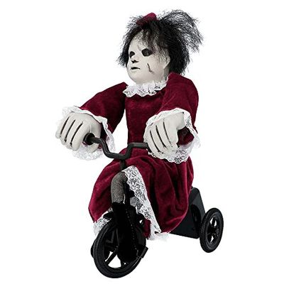 Boland 73048 Bambola interattiva dell'orrore su bicicletta, misura 35 x 21 cm, Angry Mathilde, bambola spaventosa con suono e movimento, decorazione, oggetto di decorazione, Halloween, carnevale,