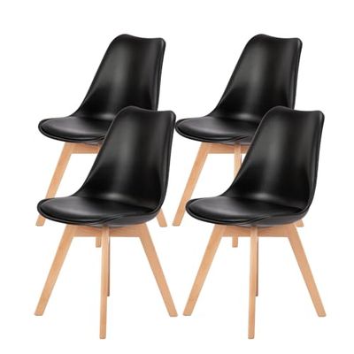 Sweetrcrispy Lot de 4 chaises de Salle à Manger, en Cuir synthétique, Modernes, avec Pieds en Bois, rembourrées, pour Salle à Manger, Cuisine, Noir Moderne