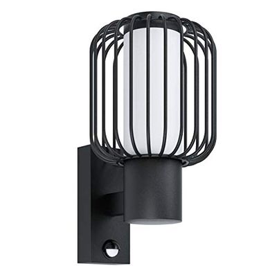 Eglo Ravello Applique Murale d'Extérieur 1 Ampoule avec Détecteur de Mouvement et Capteur de Lumière, Applique Murale en Acier Galvanisé Noir et Plastique Blanc, Lampe Extérieure avec Culot E27, Ip44