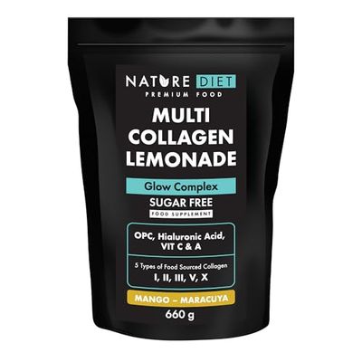 Nature Diet Multi Collagen Lemonade | Mango - Maracuya | 5 Types of Collagen | 660g | 60-Day Supply | Sugar-Free | Glow Complex with Hyaluronic Acid, Vitamin C & A