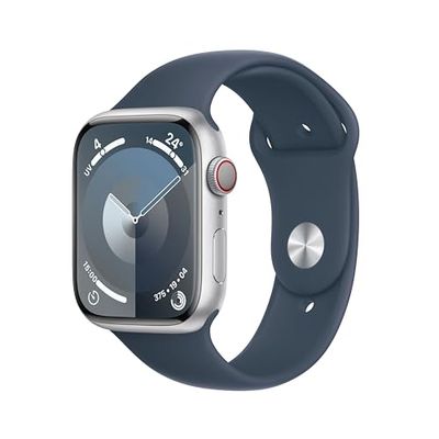 Apple Watch Series 9 (45 mm GPS + Cellular) Smartwatch avec boîtier Aluminium Argent et Bracelet Sport Bleu Orage (S/M). Suivi de l’activité Physique, apps Oxygène sanguin et ECG, résistance à l’Eau