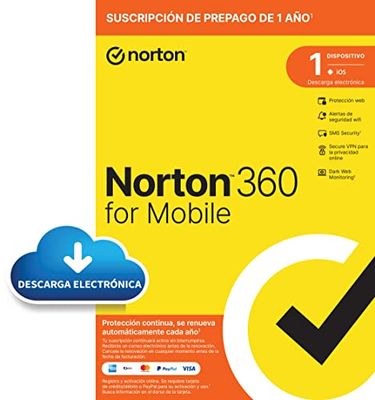 Norton 360 for Mobile - 12 meses de suscripción con renovación automática, Dark Web Monitoring, Secure VPN | Android/iOS | 1 Dispositivo | Código de activación enviado por email