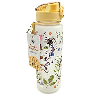 Puckator Gourde 600ml en Plastique Renforcé avec Couvercle à Bouton-poussoir - The Nectar Meadows - Abeille et Fleurs