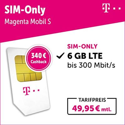 T-Mobile Magenta Mobil S 6 GB LTE Max con scheda SIM fino a 300 Mbit/s + 340 € Cashback (escluso Amazon)