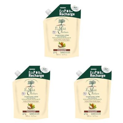 LE PETIT OLIVIER - Eco-Recharge Shampooing Crème Soin Nutrition - Huiles D'Olive, Karité & Argan - Nourrit & Répare - Cheveux Secs & Abîmés - Sans Silicone, Sans Sulfate - Fabriqué en France - 500ml