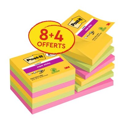 Post-it Foglietti Super Stick Z-Notes, Carnival, Pacchetto Convenienza da 8 blocchetti + 4 gratis, 90 Fogli/blocco, 76mm x 76mm, Colori Giallo, Verde, Rosa. Per Appunti, Elenchi & Promemoria