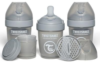 Twistshake 3x Pro Double Anti-Koliek Babyfles met Melkpoedercontainer en Mixer - 180ml | Langzame Stroom Siliconen Borstvormige Speen | BPA-Vrije Babyfles | Geschikt voor Pasgeboren Baby's 0+ | Grijs