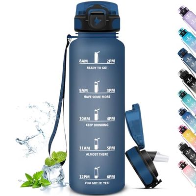 Grsta Waterfles 1 liter, gemakkelijk mee te nemen, fietswaterfles, lekvrij, met rietje voor volwassenen, drinkfles met tijdschema's voor sport, fitnessstudio, wandelen, marineblauw