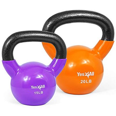 Yes4All Kettlebell-set, met gewichten van 6,8 en 9 kg, van gietijzer, met vinyl coating, dumbbells, uitrusting voor sportschool, full-body training, fitness, grip- en krachttraining, multicolor