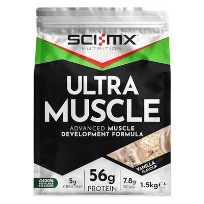 SCI-MX Ultra Muscle - Protein Powder for Muscle Development + 23 Vitamins & Minerals - Vanilla • 56g Protein + 5g Creatine + 7.8g BCAAs per Serving • 1.5kg