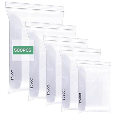 Cozary 500 Piezas Bolsas Zip, 5 Tamaños Bolsas Plastico Transparente, Bolsas Autocierre Bolsas Plastico Pequeñas para Joyería, Confitería, Bombones, Accesorios etc