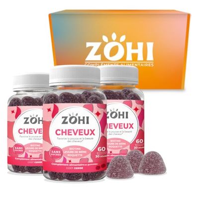 ZOHI - Complément Alimentaire Cheveux -Cure de 3 mois -Gummies Cheveux-3 * 60 gommes de fruits goût Cerise, Fabriqué en France