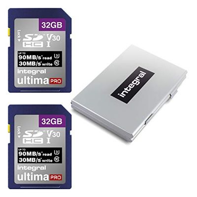Integral 32 GB SD-kaart van 2 stuks met een metalen beschermhoes met 6 sleuven - 4K Ultra-HD-video van topkwaliteit met hoge snelheid tot 90 MB/s leessnelheid - SDHC V30 UHS-I U3 SD-geheugenkaart klasse 10, dubbele verpakking