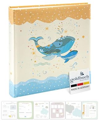 goldbuch 15 395 Blue Wale Album photo pour bébé 30 x 31 x 4 cm avec 58 pages blanches vierges et 4 pages illustrées Couverture en impression d'art avec motif baleine Beige/bleu