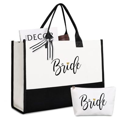 Lamyba Bolsa de novia con bolsa de maquillaje y parte inferior reforzada, regalos de novia/despedida de soltera para novia, blanco y negro, negro y blanco, Small