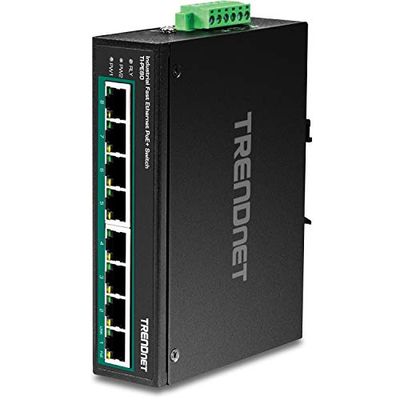TRENDnet 8-Port Industrial Fast Ethernet PoE+ DIN-Rail Switch, TI-PE80, 8 x Fast Ethernet PoE+ Ports, IP30 Network Unmanaged Switch, 200W PoE Power Budget, 1.6 Gbps Switching Capacity, Black