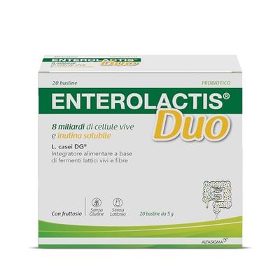 Enterolactis Duo, Integratore Alimentare di Fermenti Lattici Vivi L,Casei DG, 8 Miliardi di Cellule Vive, Con Fruttosio, Senza Glutine e Lattosio, 20 Bustine