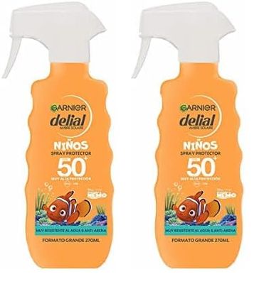 GARNIER DELIAL Spray Solar Muy Alta Protección FPS50+ EcoDiseñado Para Niños De Nemo Muy Resistente Al Agua Y AntiArena 270 ml (Paquete de 2)