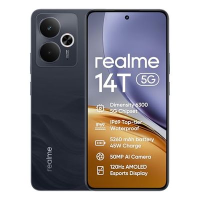 realme 14T Smartphone 5g, 8+256GB,Batería 5260 mAh,Procesador Dimensity 6300,IP69, Cámara de 50MP,Pantalla AMOLED para Esports de 120 Hz,Negro obsidiana,Exclusivo de Amazon (Sin Adaptador)