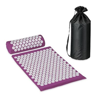 Relaxdays spijkermat met kussen, acupressuurmat met ca. 8000 drukpunten, inclusief opbergtas, paars/wit
