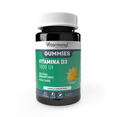 Gummies Vitamina D3 1000UI - Integratore a base di Vitamina D - Per le Difese Immunitarie, contribuisce al Normale Assorbimento di Calcio e Fosforo - Gusto Mango - 30 Gummies - Vitarmonyl