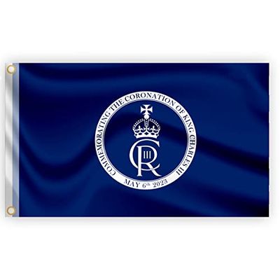 Grande bandiera blu navy 1,5 x 9,9 m nuovo re Carlo III Cypher monarca britannico sovrano incoronazione celebrazione bandiera britannica giardino strada pub decorazioni per esterni