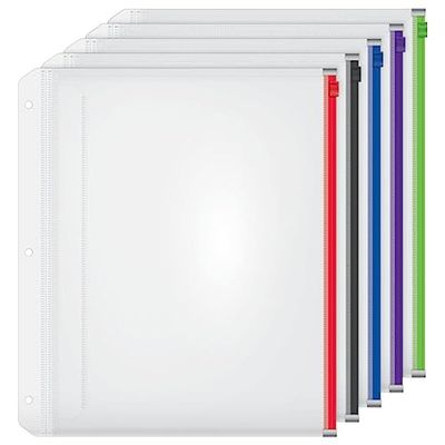 Cardinal Lot de 5 pochettes en plastique à fermeture éclair avec 3 trous perforés pour feuilles de 21,6 x 27,9 cm Transparent avec fermetures éclair multicolores