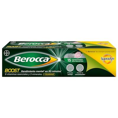 Berocca Boost Complejo de Vitaminas y Minerales con Cafeína y Guaraná Natural, para una Ayuda Rápida en el Rendimiento Mental y Físico, 15 Comprimidos Efervescentes