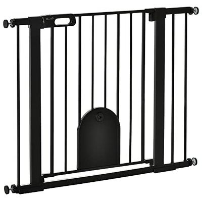 PawHut 75-103 cm Pet Safety Gate Pressure Fit Stair w/Small Door Double Locking