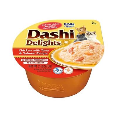 INABA Dashi Delights - Trozos en un Caldo de Copos de Bonito con Pollo, atún y salmón - Comida para Gatos - Topping - Alto Contenido en proteínas - Ingredientes Naturales - 1 x 70g