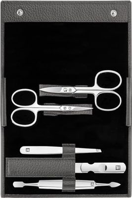 ZWILLING Set manicure 5 pezzi per la cura delle unghie e pedicure in pelle bovina con bottone a pressione, colore: antracite