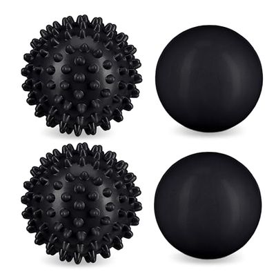 Relaxdays massagebal, set van 4, egelbal en gladde bal, hard, Ø 6,5 & 6 cm, spanningen, triggerpoint massage, zwart